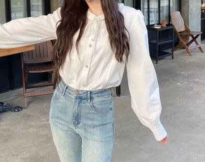 Frill Trim Lace Trim Button-Up Long-Sleeved Blouse