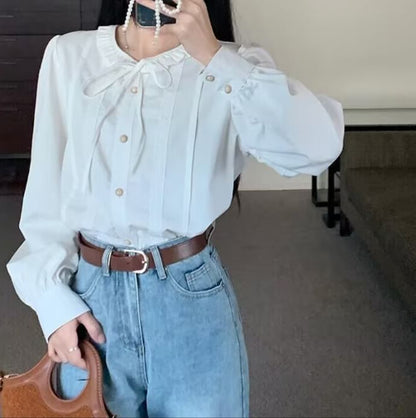 Frill Trim Lace Trim Button-Up Long-Sleeved Blouse