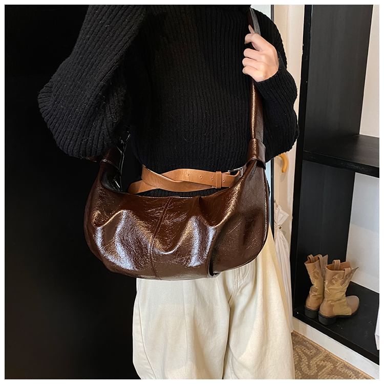 Ruched Faux Leather Shoulder Bag