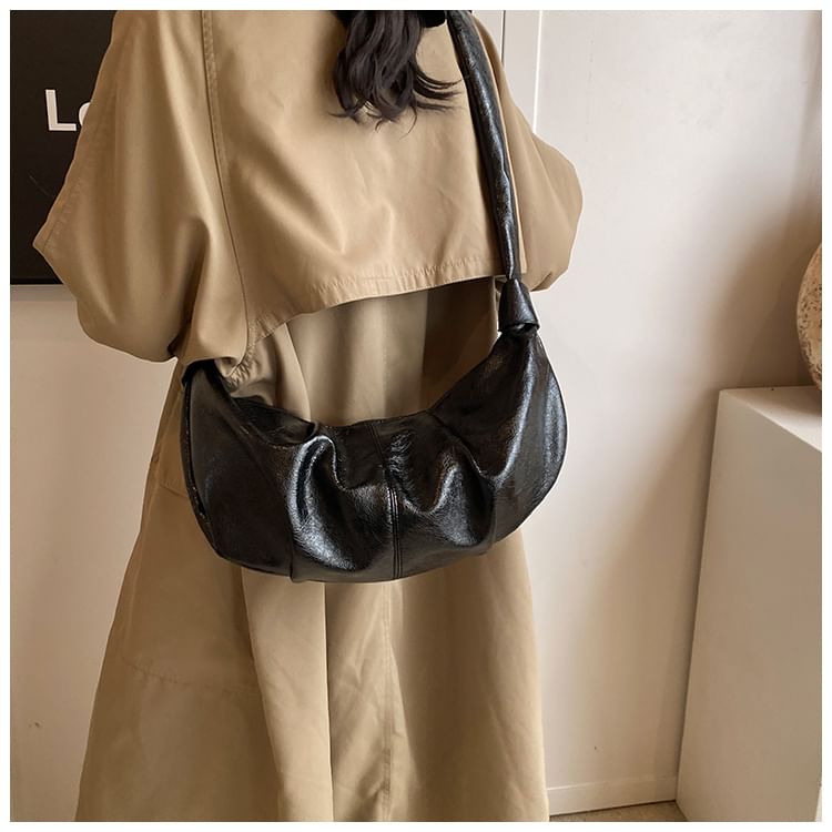 Ruched Faux Leather Shoulder Bag