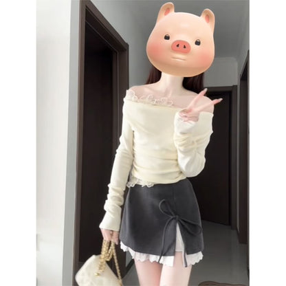 Off-Shoulder Lace Panel Long-Sleeved Top
