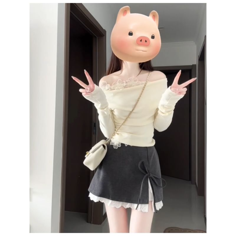 Off-Shoulder Lace Panel Long-Sleeved Top