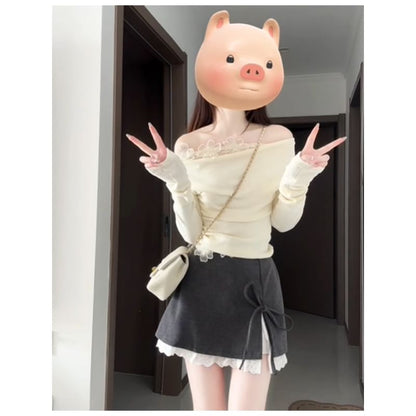Off-Shoulder Lace Panel Long-Sleeved Top
