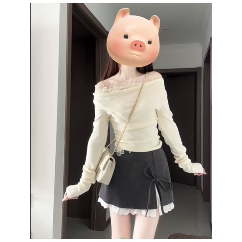 Off-Shoulder Lace Panel Long-Sleeved Top