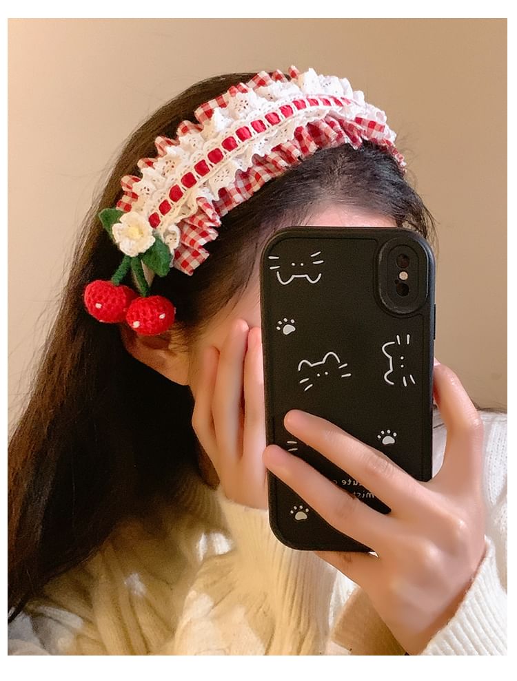 Cherry Plaid Ruffle Headband Detail