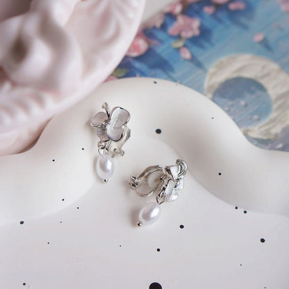 Faux Clip-On / Pearl Butterfly Earring Drop