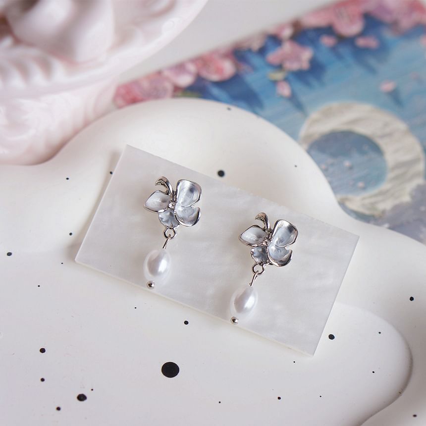 Faux Clip-On / Pearl Butterfly Earring Drop