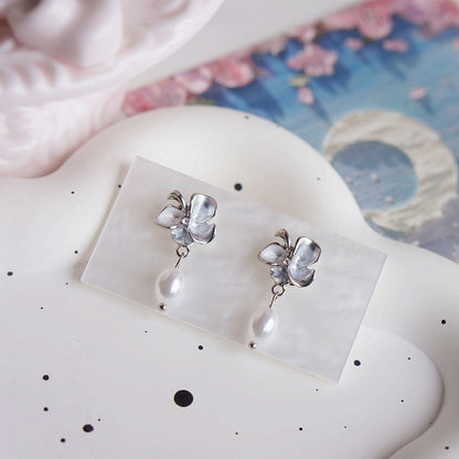 Faux Clip-On / Pearl Butterfly Earring Drop
