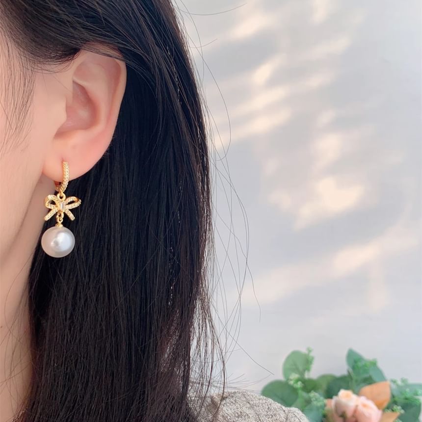 Huggie Drop Rhinestone Bow Pearl Faux Earring