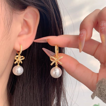 Huggie Drop Rhinestone Bow Pearl Faux Earring