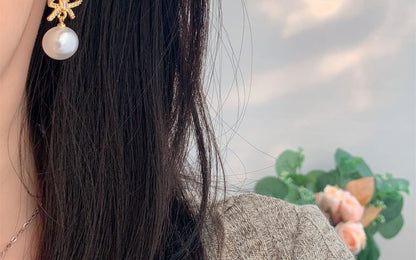 Huggie Drop Rhinestone Bow Pearl Faux Earring