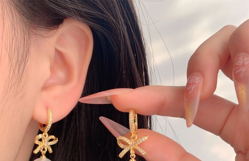 Huggie Drop Rhinestone Bow Pearl Faux Earring