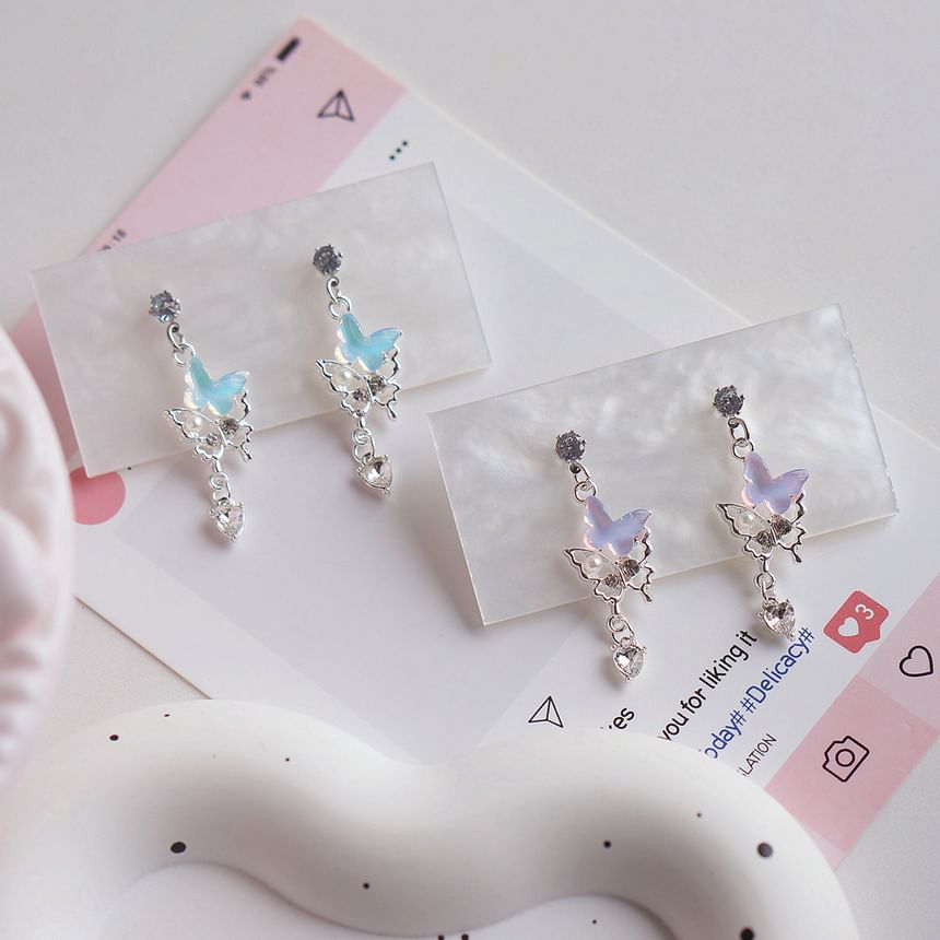 Clip-On Drop / Rhinestone Butterfly Faux Pearl Earring
