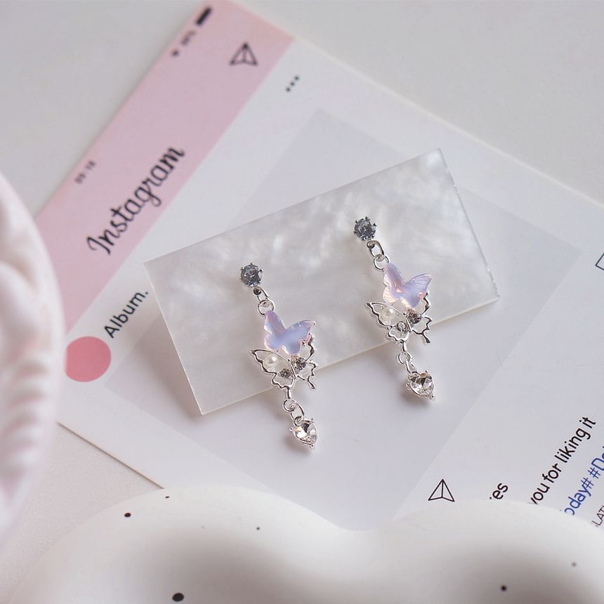 Clip-On Drop / Rhinestone Butterfly Faux Pearl Earring