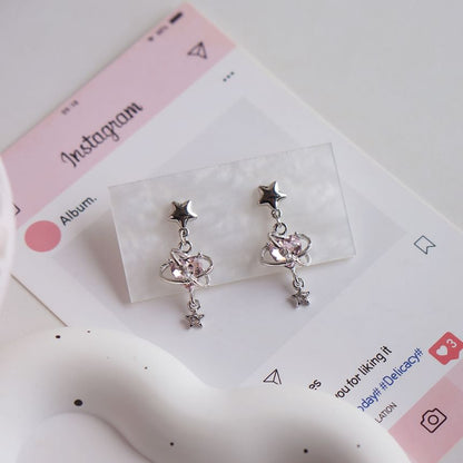 Star Drop Clip-On / Rhinestone Heart Earring