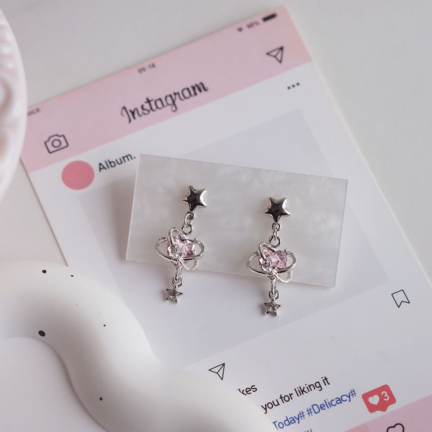 Star Drop Clip-On / Rhinestone Heart Earring