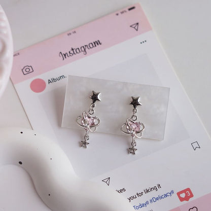 Star Drop Clip-On / Rhinestone Heart Earring