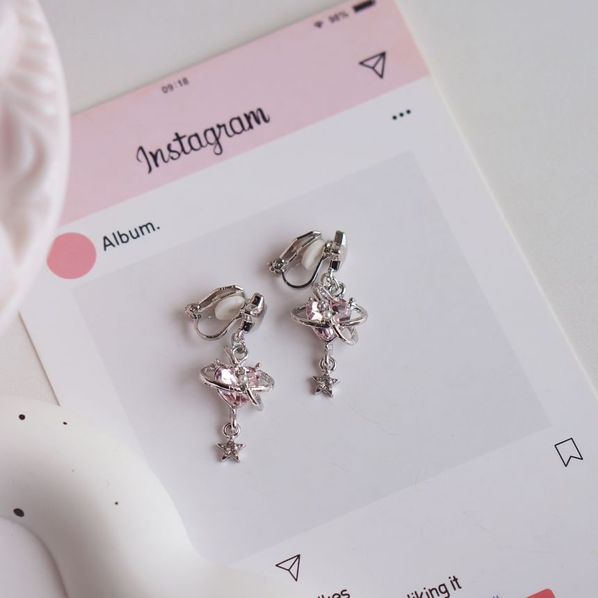 Star Drop Clip-On / Rhinestone Heart Earring