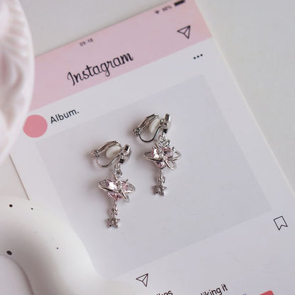 Star Drop Clip-On / Rhinestone Heart Earring