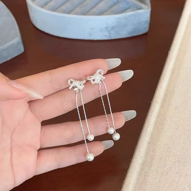 Rhinestone Pearl Faux Bowknot Dangle Earring