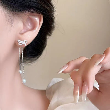 Rhinestone Pearl Faux Bowknot Dangle Earring