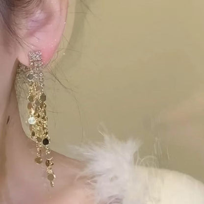 Rhinestone Tassel Dangle Earring Long