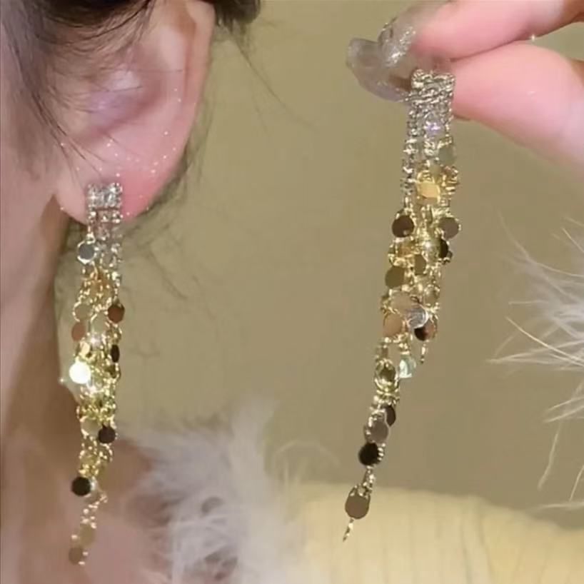 Rhinestone Tassel Dangle Earring Long
