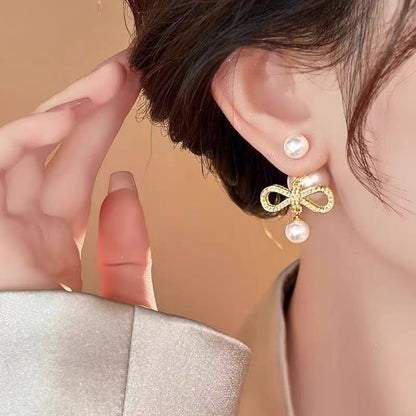 Drop Bow Alloy Faux Earring Pearl