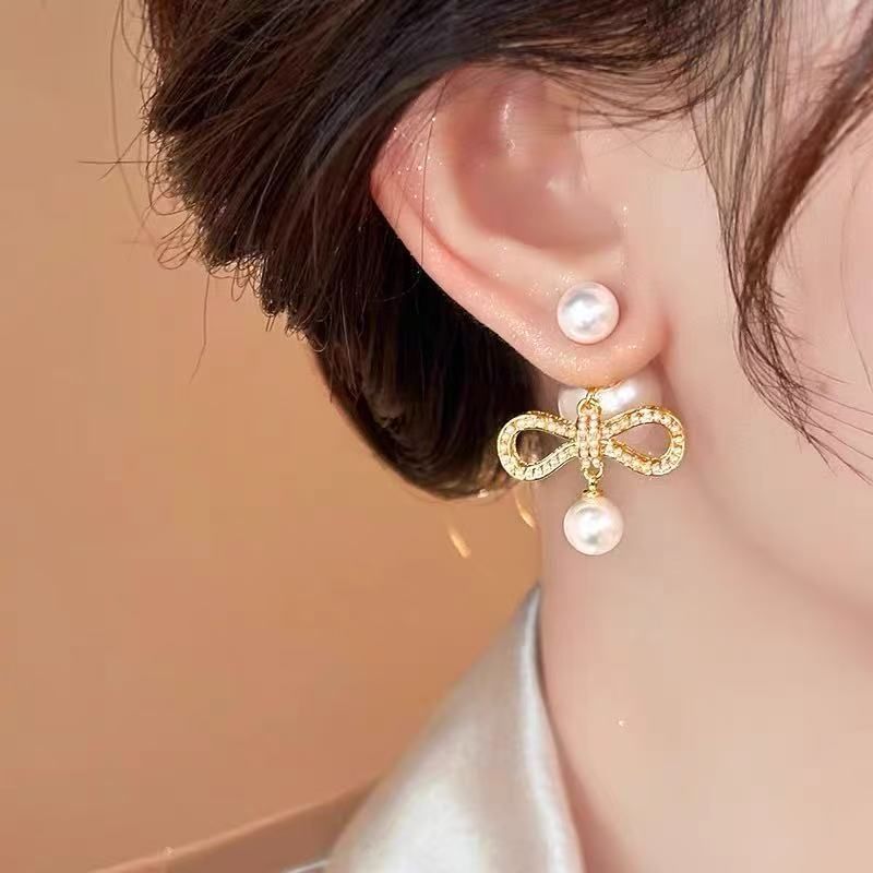 Drop Bow Alloy Faux Earring Pearl
