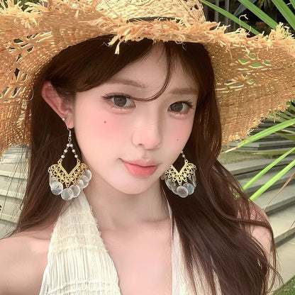 Earring Chandelier Shell Alloy Disc