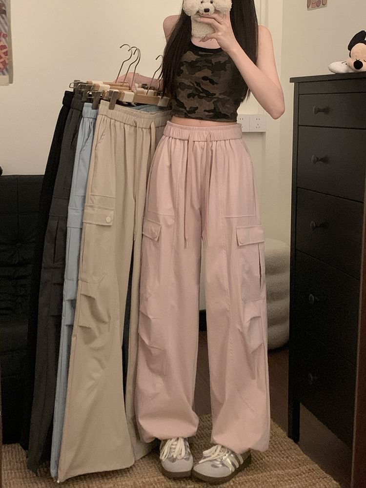 High Waist Plain Cargo Baggy Pants