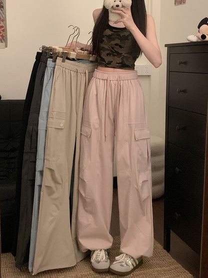 High Waist Plain Cargo Baggy Pants