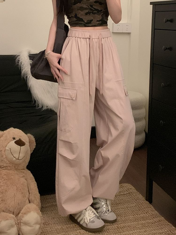 High Waist Plain Cargo Baggy Pants
