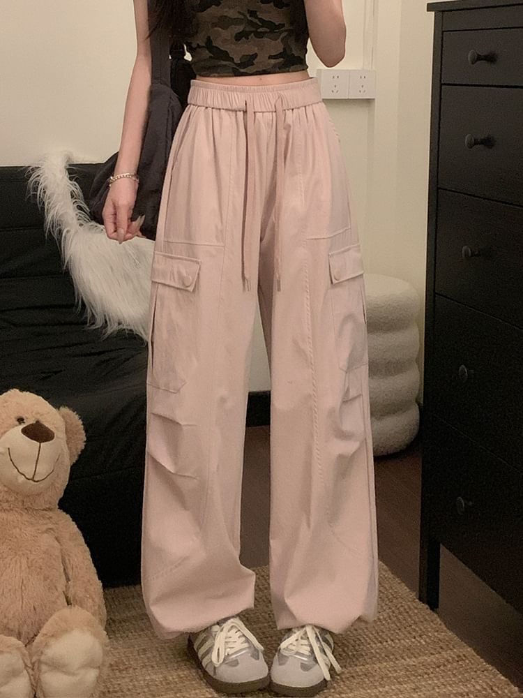 High Waist Plain Cargo Baggy Pants