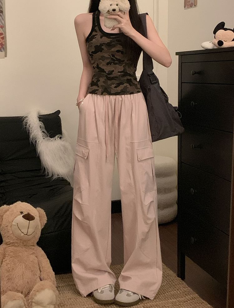 High Waist Plain Cargo Baggy Pants