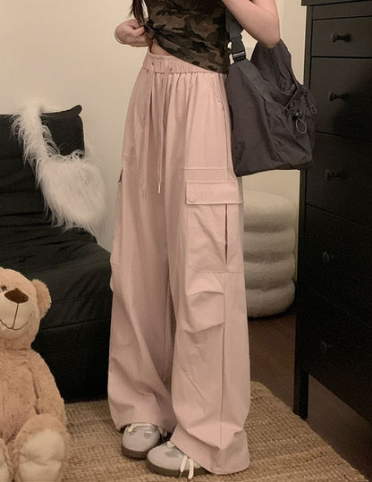 High Waist Plain Cargo Baggy Pants