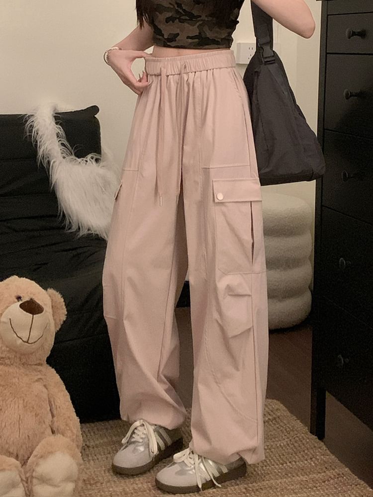 High Waist Plain Cargo Baggy Pants
