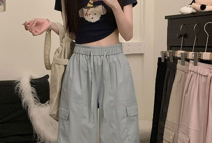 High Waist Plain Cargo Baggy Pants