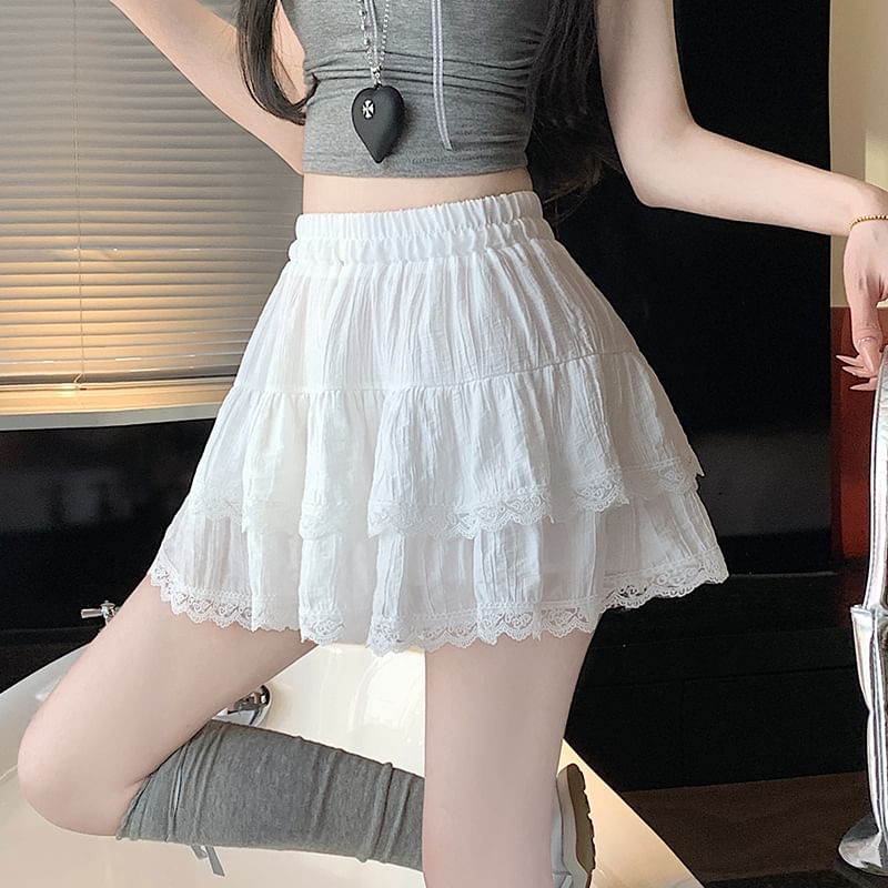 Ballet-Inspired Tiered Lace Mini Skirt with Stretch Waist