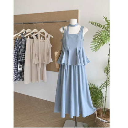 Sleeveless Square Neck Peplum Top & High Waist Maxi A-Line Skirt Ensemble