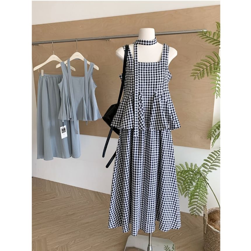 Sleeveless Square Neck Peplum Top & High Waist Maxi A-Line Skirt Ensemble