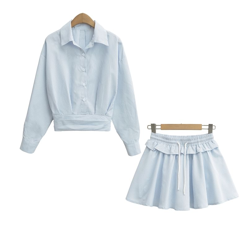 Striped Collared Long-Sleeve Top Paired with Ruffled Waist Mini Skirt