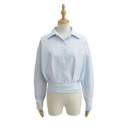 Striped Collared Long-Sleeve Top Paired with Ruffled Waist Mini Skirt