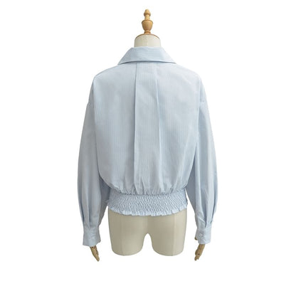 Striped Collared Long-Sleeve Top Paired with Ruffled Waist Mini Skirt