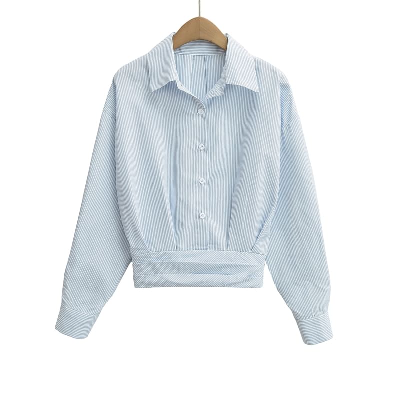Striped Collared Long-Sleeve Top Paired with Ruffled Waist Mini Skirt