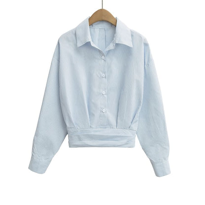 Striped Collared Long-Sleeve Top Paired with Ruffled Waist Mini Skirt