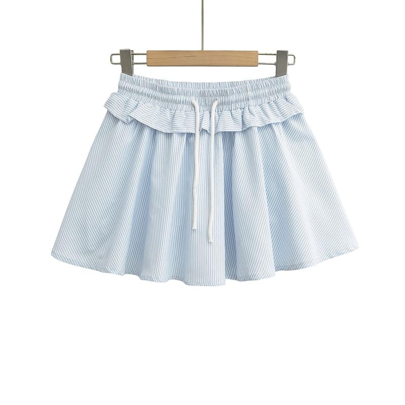 Striped Collared Long-Sleeve Top Paired with Ruffled Waist Mini Skirt