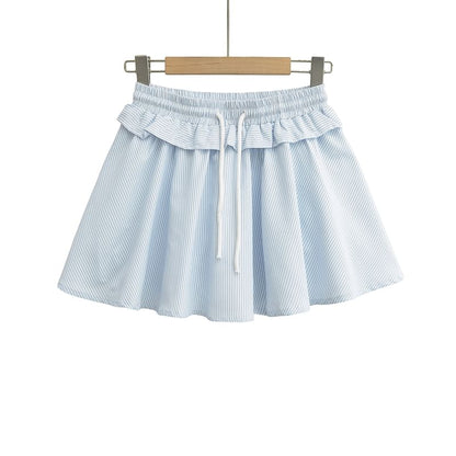 Striped Collared Long-Sleeve Top Paired with Ruffled Waist Mini Skirt