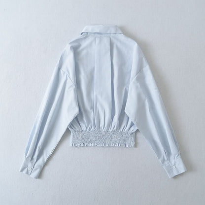 Striped Collared Long-Sleeve Top Paired with Ruffled Waist Mini Skirt