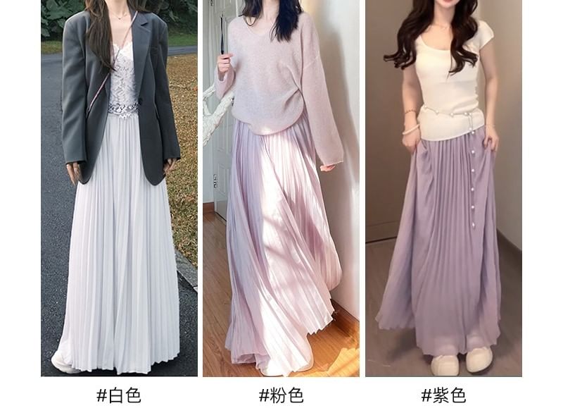 Pleated High Waist Maxi A-Line Skirt